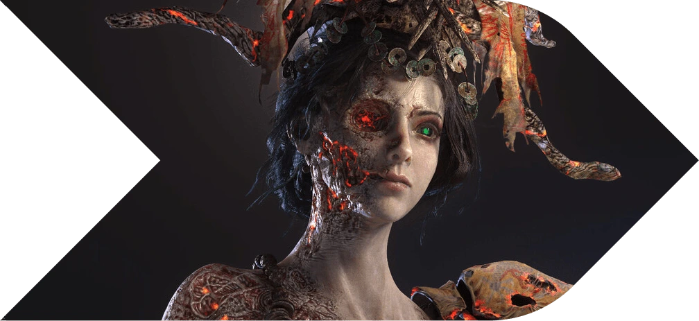 Illustration of a woman with one green eye, a glowing red orb for the other, and a half-decayed body with lava-like patterns.